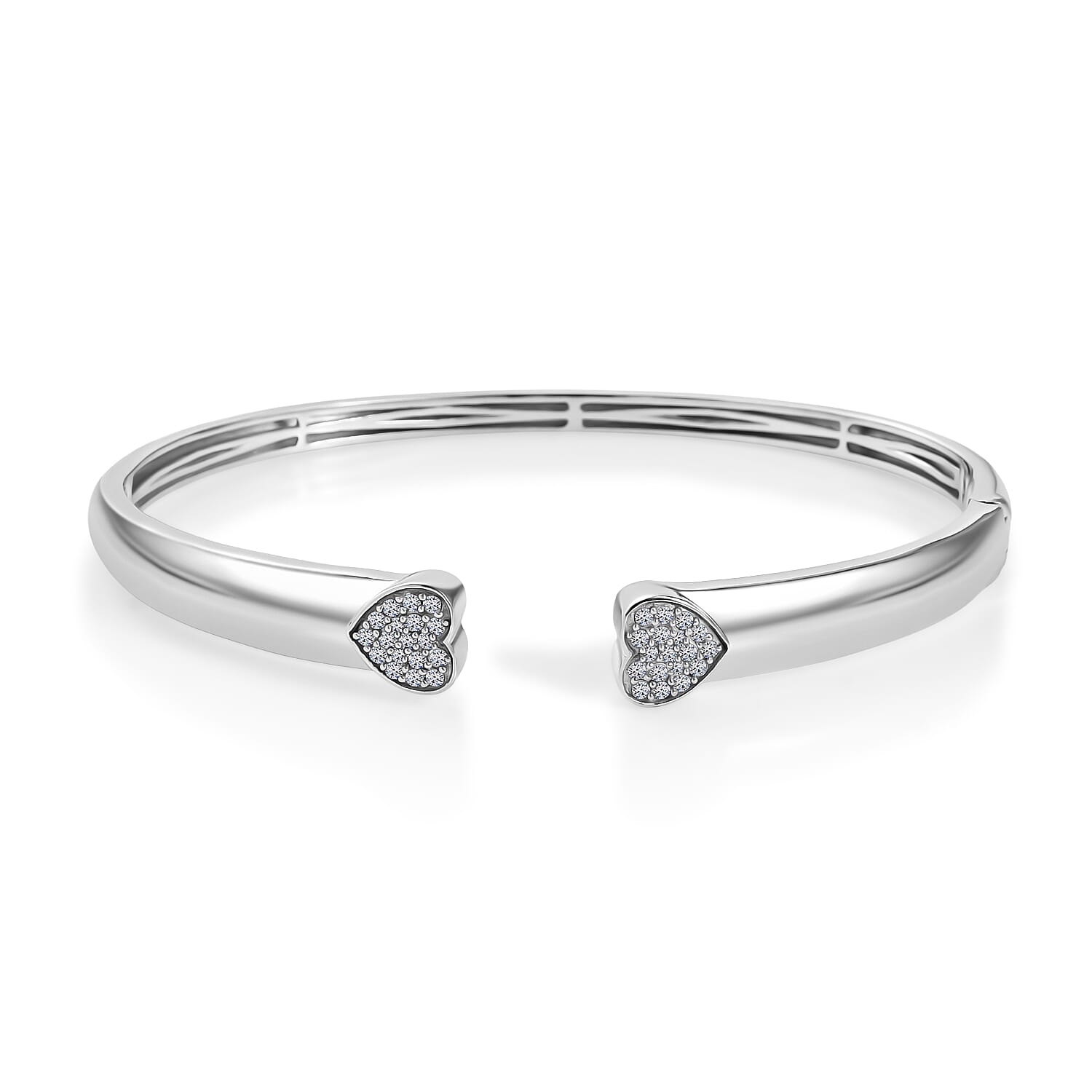 Luxuriant Gift of Timeless Love - Lab Grown Diamond Openable Heart Bangle 7.5 Inch &amp; Heart Pendant with Chain (Size 18-2 Ext.) with Spring Ring Clasp in Rhodium Overlay Sterling Silver (SI-GH) 221281089 2