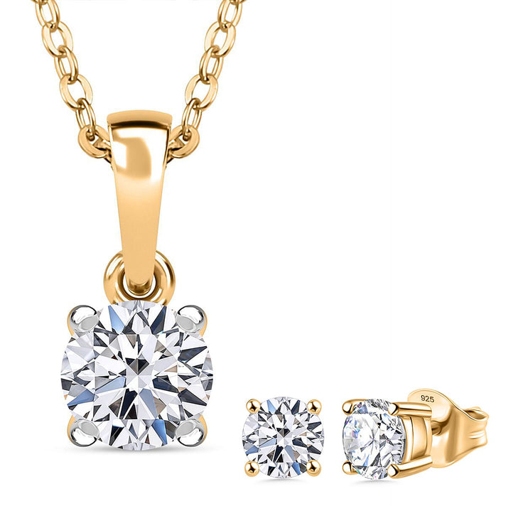Luxuriant Golden Glow Christmas Gift Set - Lab Grown Diamond Pendant with Chain (Size 20) with Spring Ring Clasp &amp; Stud Push Back Earrings in 18K Vermeil Yellow Gold Plated Sterling Silver (SI G-H) 221281209 1