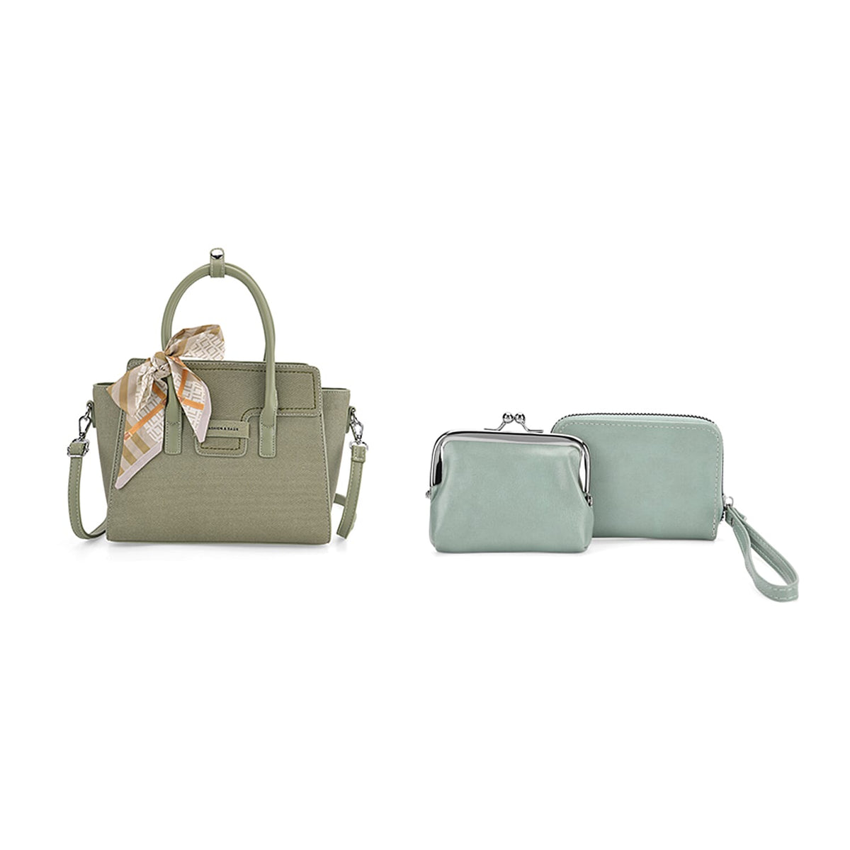 Pretty in Green Holiday Gift Set - Leatherette Textured Crossbody Handbag with Scarf Accent &amp; Adjustable Strap and 2-in-1 Wristlet RFID Classic Kiss-Lock Wallet 221285215 0