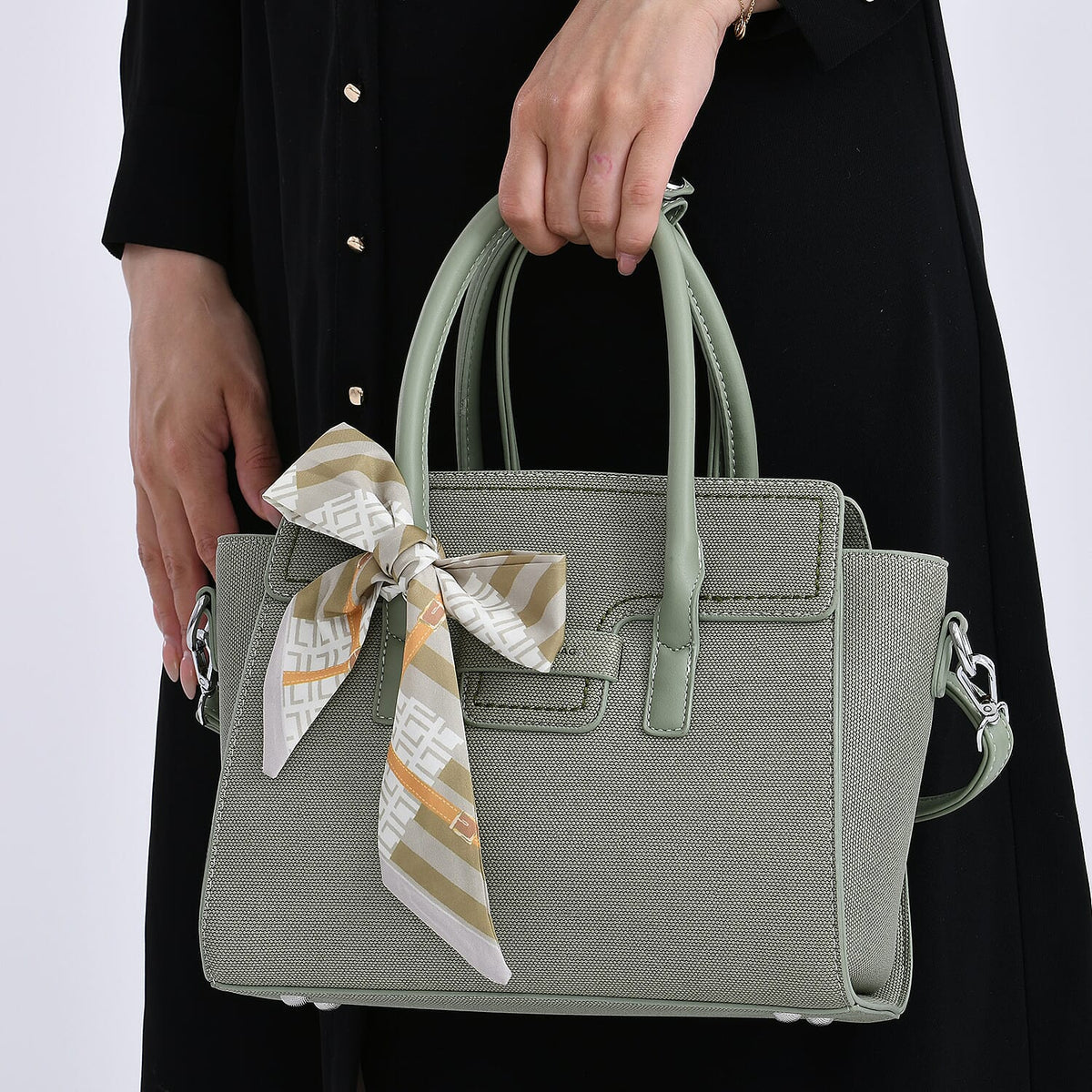Pretty in Green Holiday Gift Set - Leatherette Textured Crossbody Handbag with Scarf Accent &amp; Adjustable Strap and 2-in-1 Wristlet RFID Classic Kiss-Lock Wallet 221285215 2