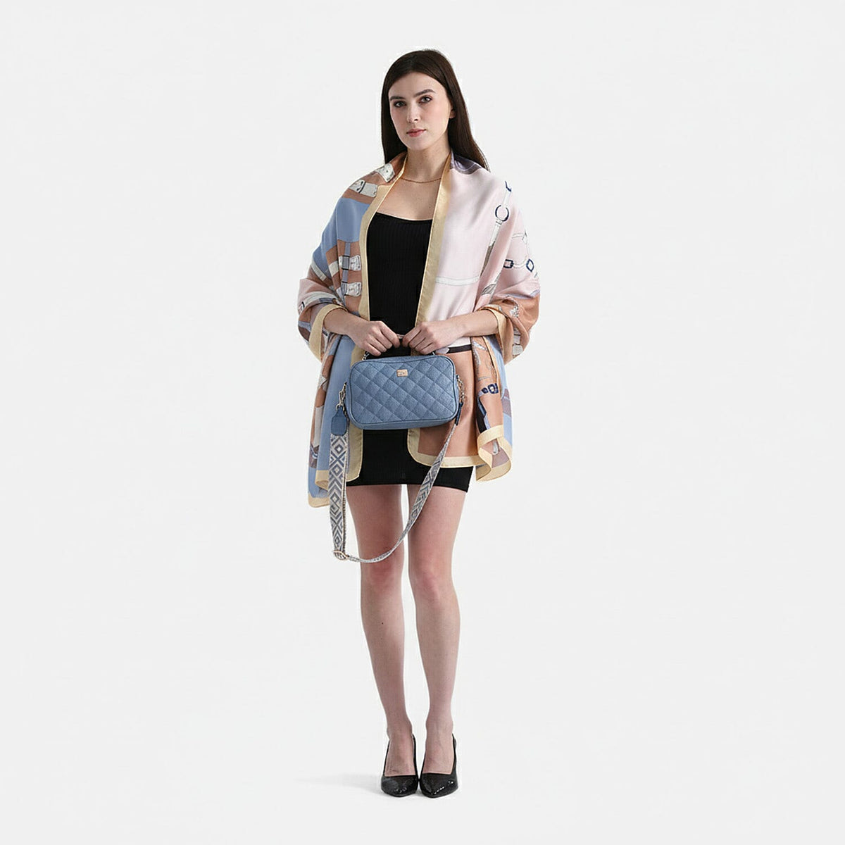 Blue Whisper Holiday Gift Set - Stylish Quilted Crossbody Bag with Patterned Strap and La Marey Elegant Irregular Pattern Satin Scarf (180x80cm) 221285297 0