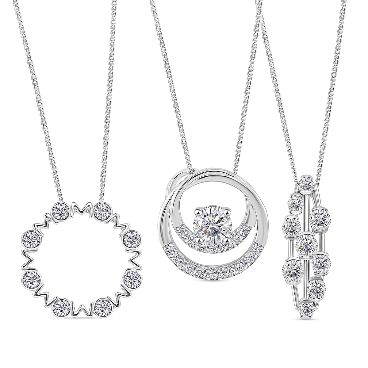 Set of 3 - RADIANTA GRA Certified Moissanite Pendants with Chains (Size 18) in Rhodium Overlay Sterling Silver 221288514 0