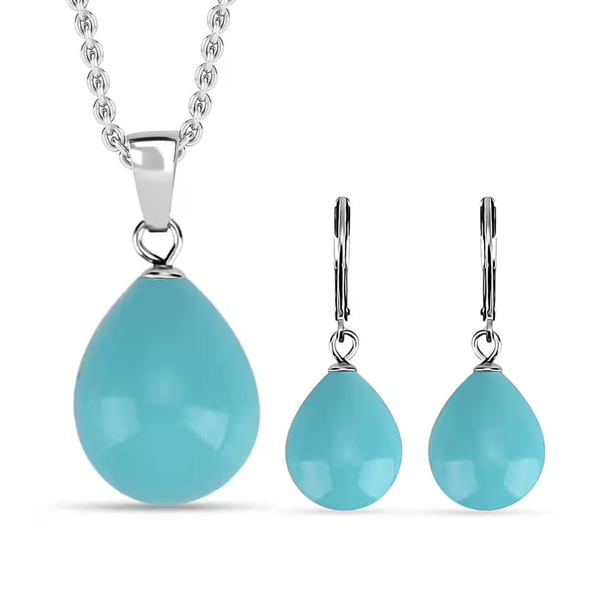 Set of Sleeping Beauty Color Shell Pearl Pendant with Chain (Size 20) &amp; Blue Shell Pearl Drop Earring in Silber Tone 221296075 0