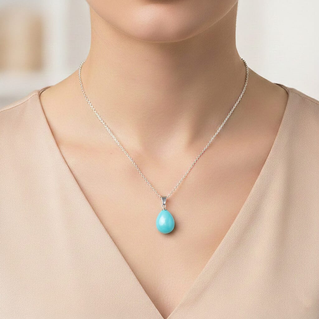 Set of Sleeping Beauty Color Shell Pearl Pendant with Chain (Size 20) &amp; Blue Shell Pearl Drop Earring in Silber Tone 221296075 2