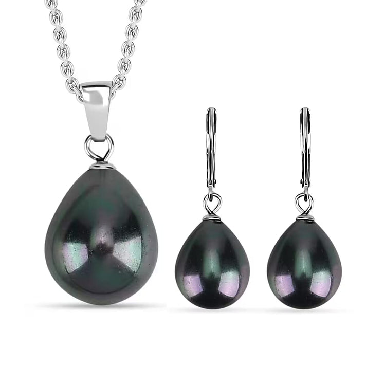 Set of Tahitian Color Shell Pearl Pendant with Chain (Size 20) &amp; Pearl Drop Earring in silver tone 221296077 1