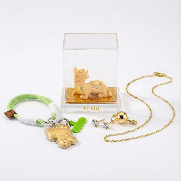 Radiant Fortune Gift Set of 5 (Including 24K Gold Kitty Keychain, Pixiu Ornament, Moissanite Earrings, Gold Overlay Silver Singapore Chain &amp; Magnetic Lock) 221297865 1