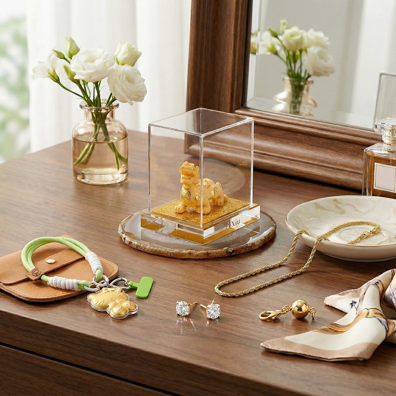 Radiant Fortune Gift Set of 5 (Including 24K Gold Kitty Keychain, Pixiu Ornament, Moissanite Earrings, Gold Overlay Silver Singapore Chain &amp; Magnetic Lock) 221297865 1