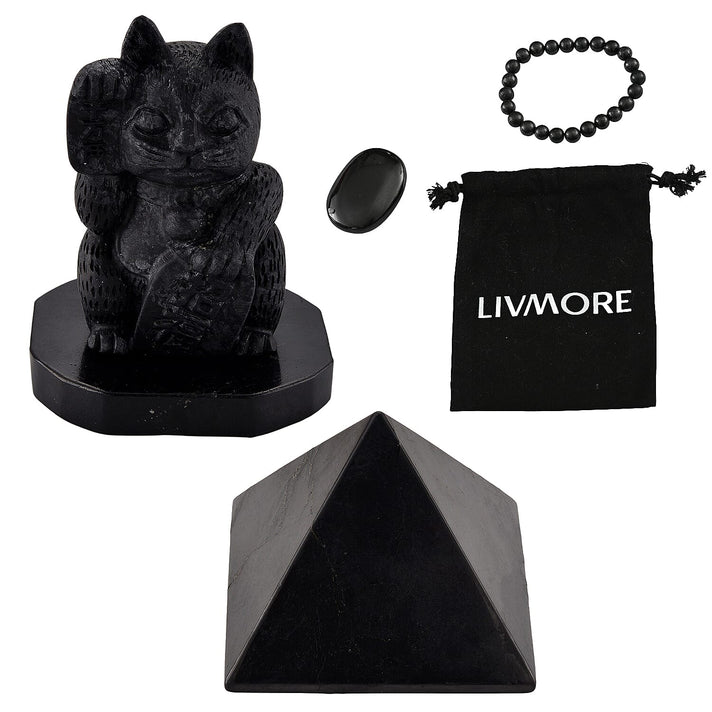THE ULTIMATE SHUNGITE BUNDLE - Maneki Neko Lucky Cat Figurine, Pyramid Figurine, Bracelet, Palm Stone 221297893 1