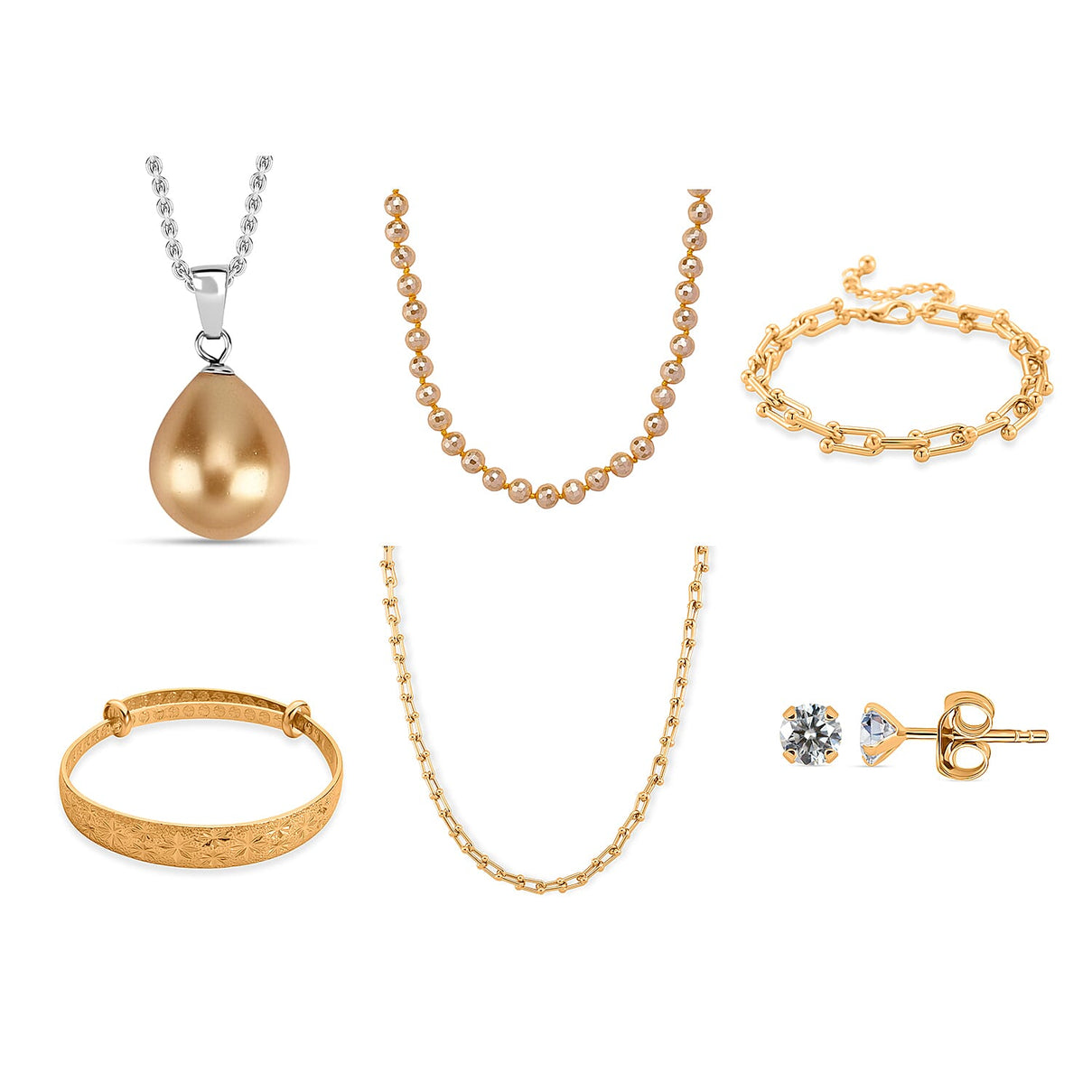 Glamour and Glitz Jewellery Set - Moissanite Yellow O-lay Studs, Industrial Link Yellow Overlay Necklace and Bracelet, Floral Harmany Bangle, South Sea Color Golden Shell Pearl Necklace and Pendant 221297919 0