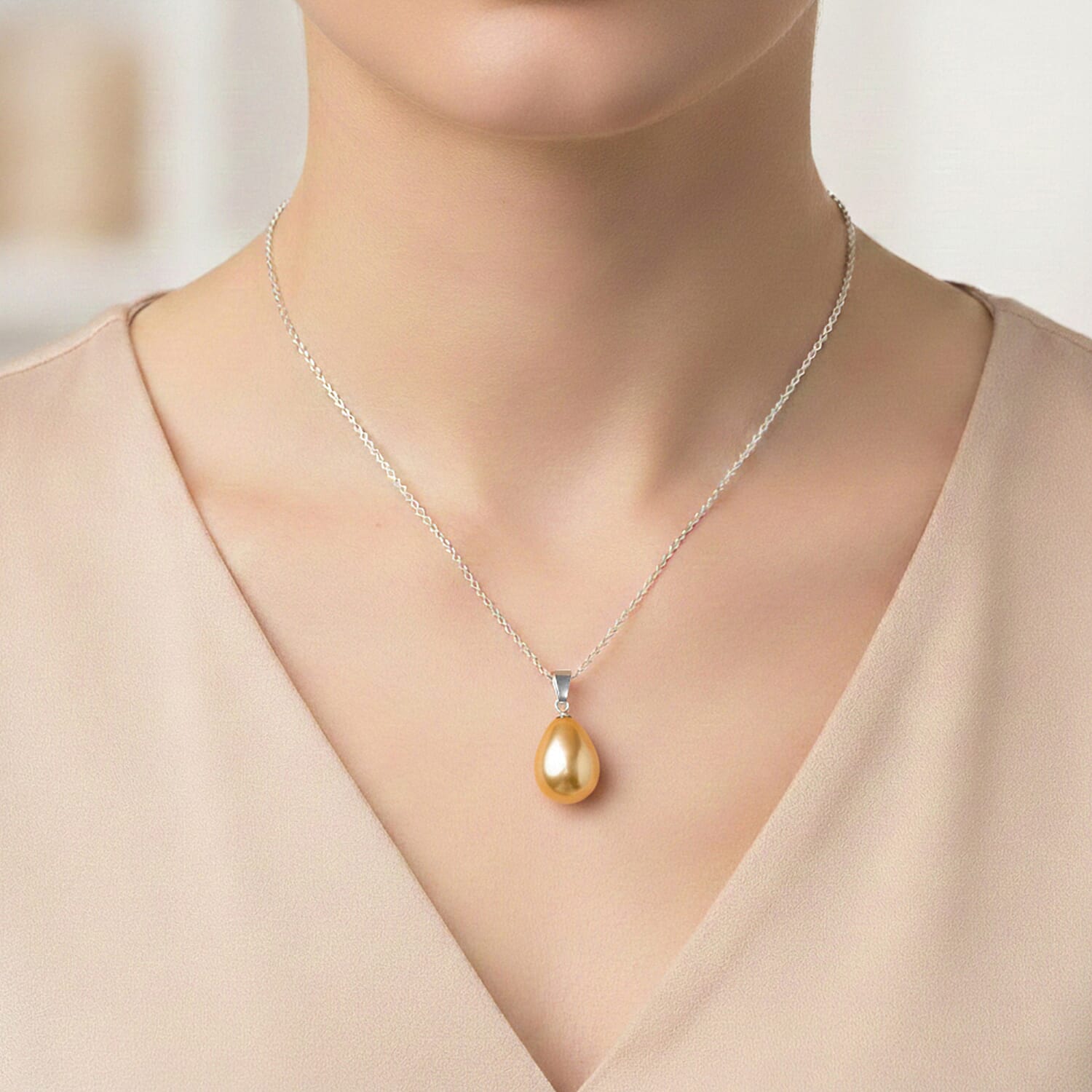 Glamour and Glitz Jewellery Set - Moissanite Yellow O-lay Studs, Industrial Link Yellow Overlay Necklace and Bracelet, Floral Harmany Bangle, South Sea Color Golden Shell Pearl Necklace and Pendant 221297919 1