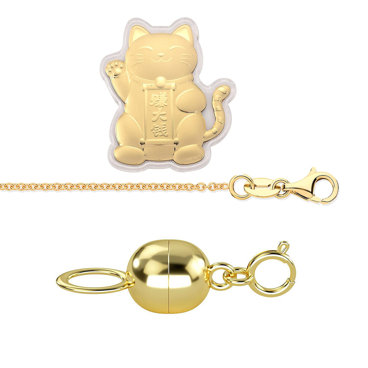 Jewellery Pack of 3 - 9K Yellow Gold Magnetic Lock with Spring Ring Clasp,9K Yellow Gold Rolo Necklace (Size - 18) with Spring Ring Clasp,24K Yellow Gold Maneki Neko Lucky Cat 221297949 0
