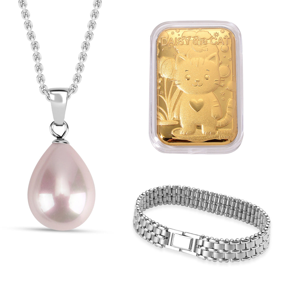 Set of 4 Mega Day Bundle - 24K Gold (99.9% Purity) Cat Keepsake, Hatton Garden Panther Bracelet, Pink Shell Pearl Pendant With Chain & Necklace/Earring Box With LED Light_221298042