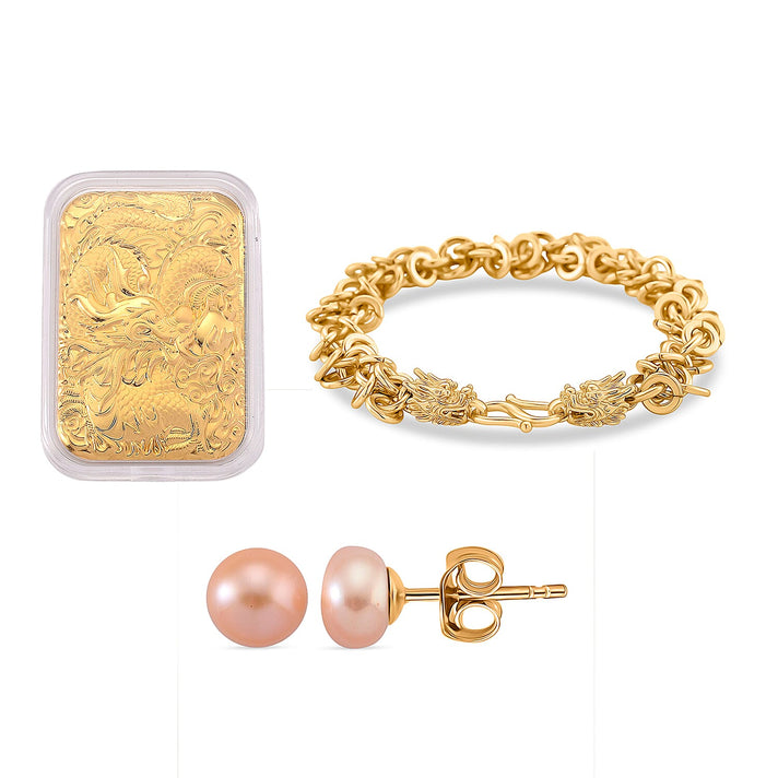 MEGA BUNDLE - 24K Gold (99.9% Purity) Embossed Dragon Collectible, Designer Closeout Dragon Head Bracelet (Size 8) Peach Fresh Water Pearl Earrings With Push Backs 221298043 1