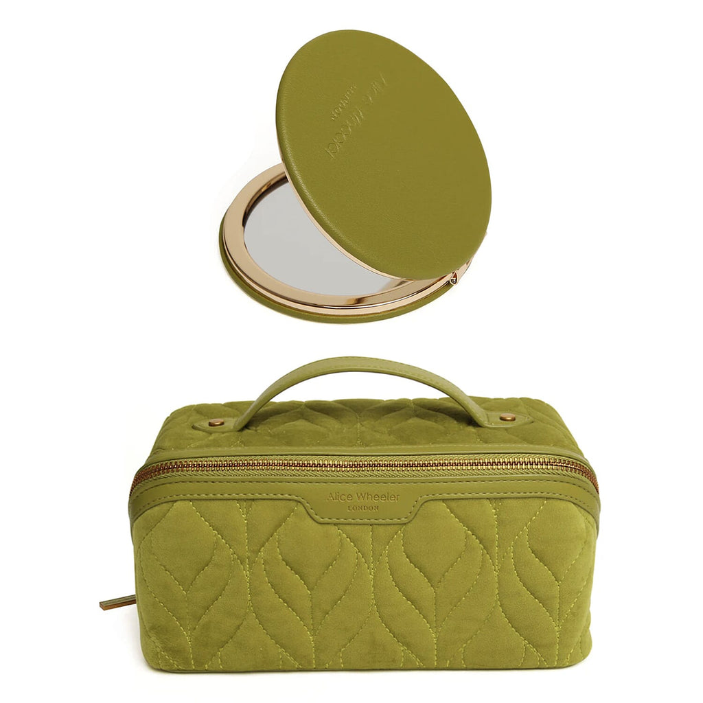 Alice Wheeler London Luxury Velvet Quilted Vanity Bag with FREE Round Compact Mirror - Green