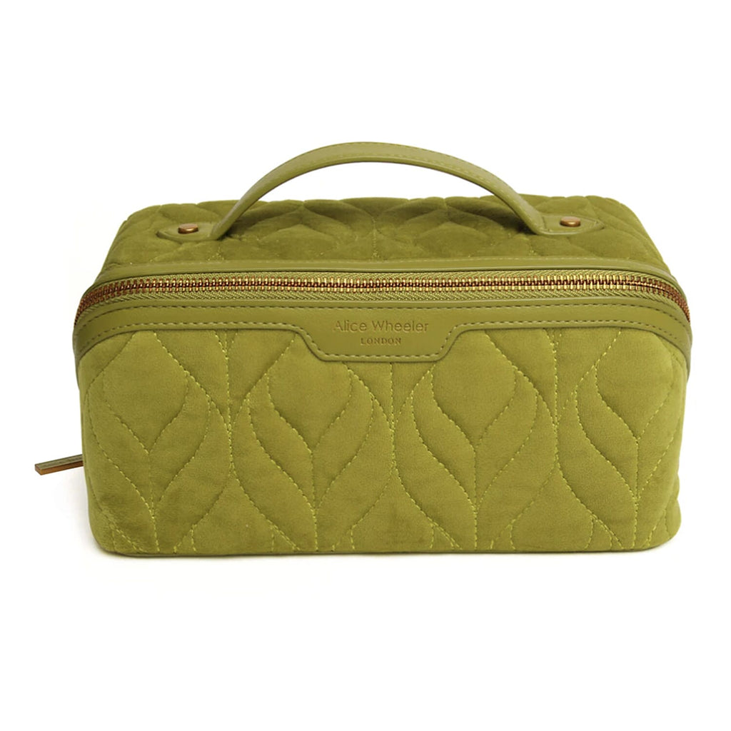 Alice Wheeler London Luxury Velvet Quilted Vanity Bag with FREE Round Compact Mirror - Green