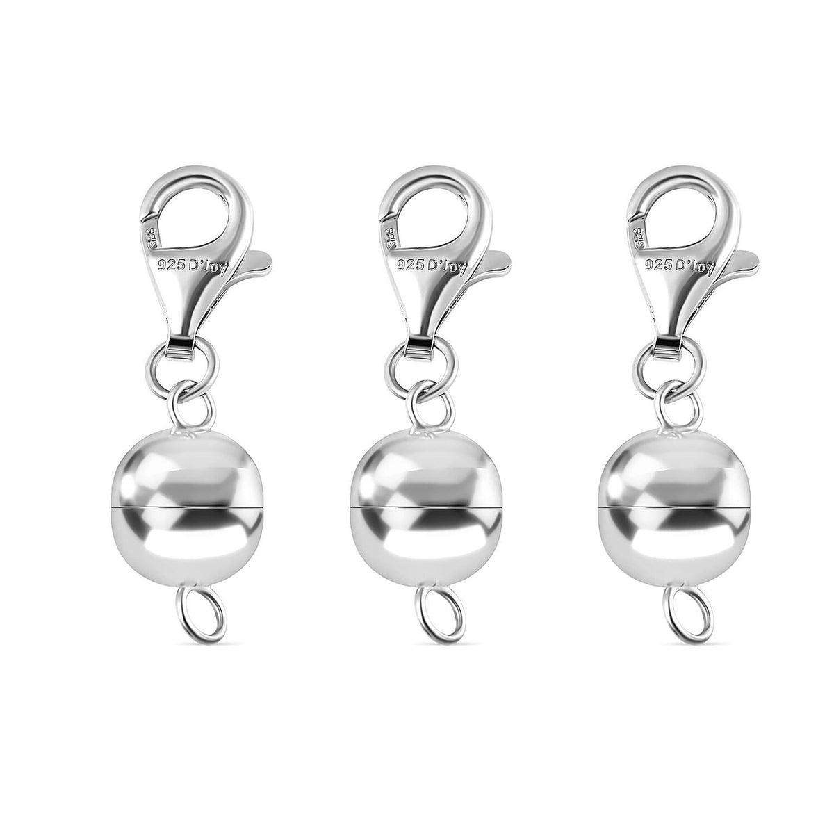 Set of 3 - Round Shape Magnetic Lock with Lobster Clasp in Rhodium Overlay Sterling Silver 221298401 0
