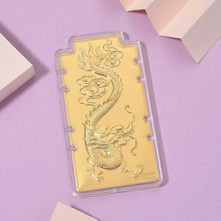 Set of 2 - 24K Yellow Gold (99.9% Purity) Large Dragon Embossed Treasure - Symbolizing Power, Protection &amp; Prosperity (100 x 50 MM) 221298404 2