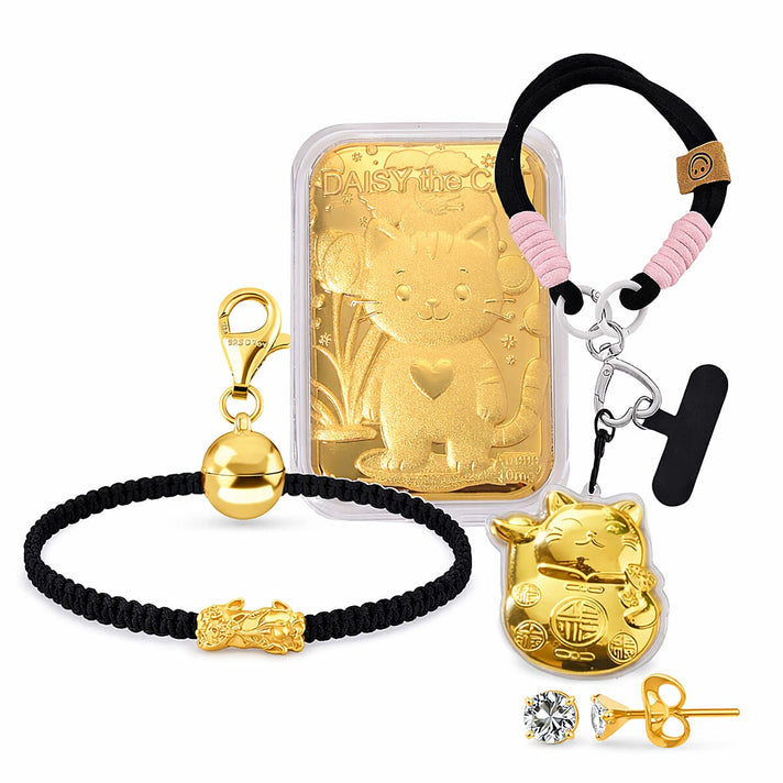 TJC Special Bundle - Set of 5 - 24K Yellow Gold Pixiu -  Magnetic Lock in Yellow Gold Plated Sterling Silver - 24K Yellow Gold Kitty - 24K Yellow Gold Money Cat - Earring in  Yellow Gold Plated Sterli 221299411 1