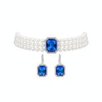 Designer Inspired- Blue Crystal Earring and Simulated Pearl Choker Necklace (Size 16- 4inch Ext)