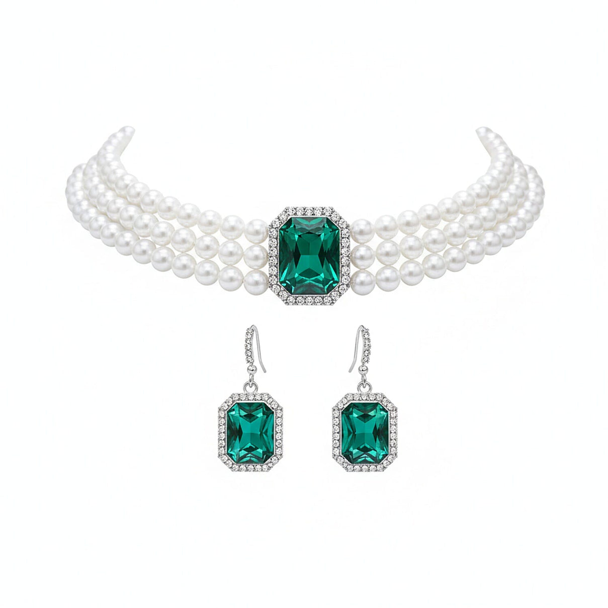 Designer Inspired-Green Crystal Earring and Simulated Pearl Choker Necklace (Size 16- 4inch Ext) 221299954 0
