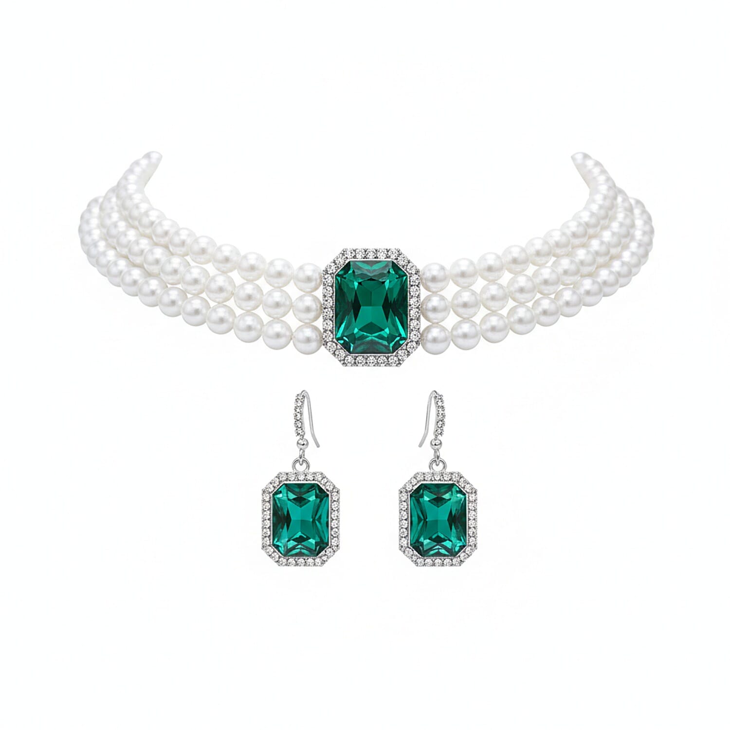 Designer Inspired-Green Crystal Earring and Simulated Pearl Choker Necklace (Size 16- 4inch Ext) 221299954 0