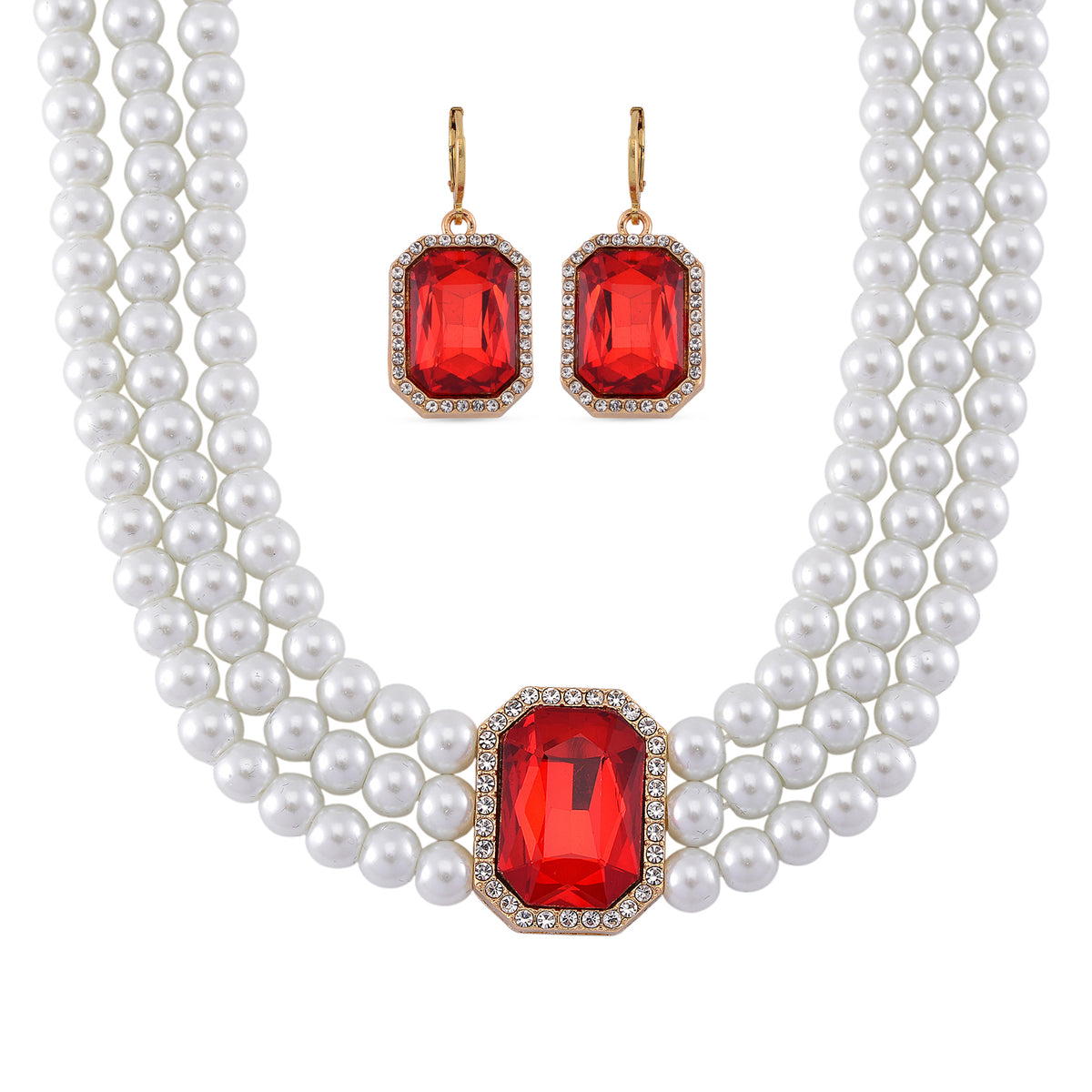 Designer Inspired-Red Crystal Earring and Simulated Pearl Choker Necklace (Size 16- 4inch Ext) 221299955 0
