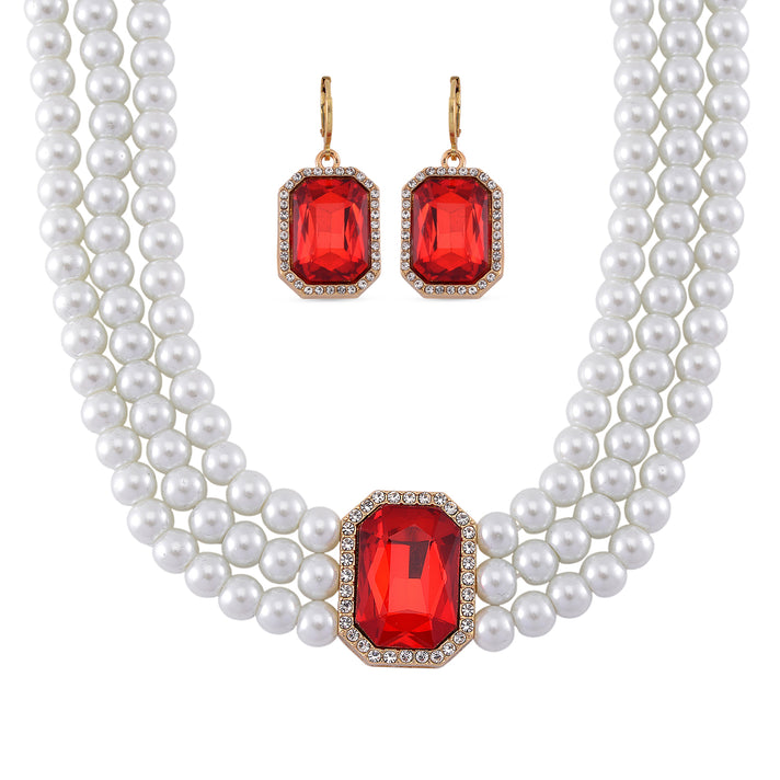 Designer Inspired-Red Crystal Earring and Simulated Pearl Choker Necklace (Size 16- 4inch Ext) 221299955 1