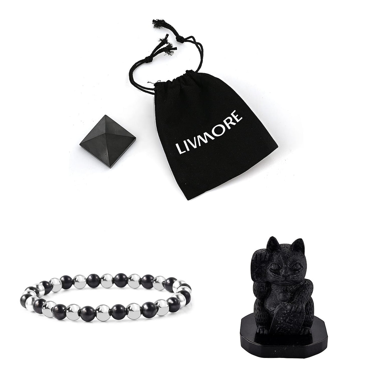 Natural Shungite Maneki Neko Lucky Cat Figurine 920.00 Ct, Natural Shungite Pyramid Presented In a Drawstring Velvet Pouch 213.00 Ct, Natural Shungite, Hematite Bracelet (Stretchable) 80 Ct 221301096 0