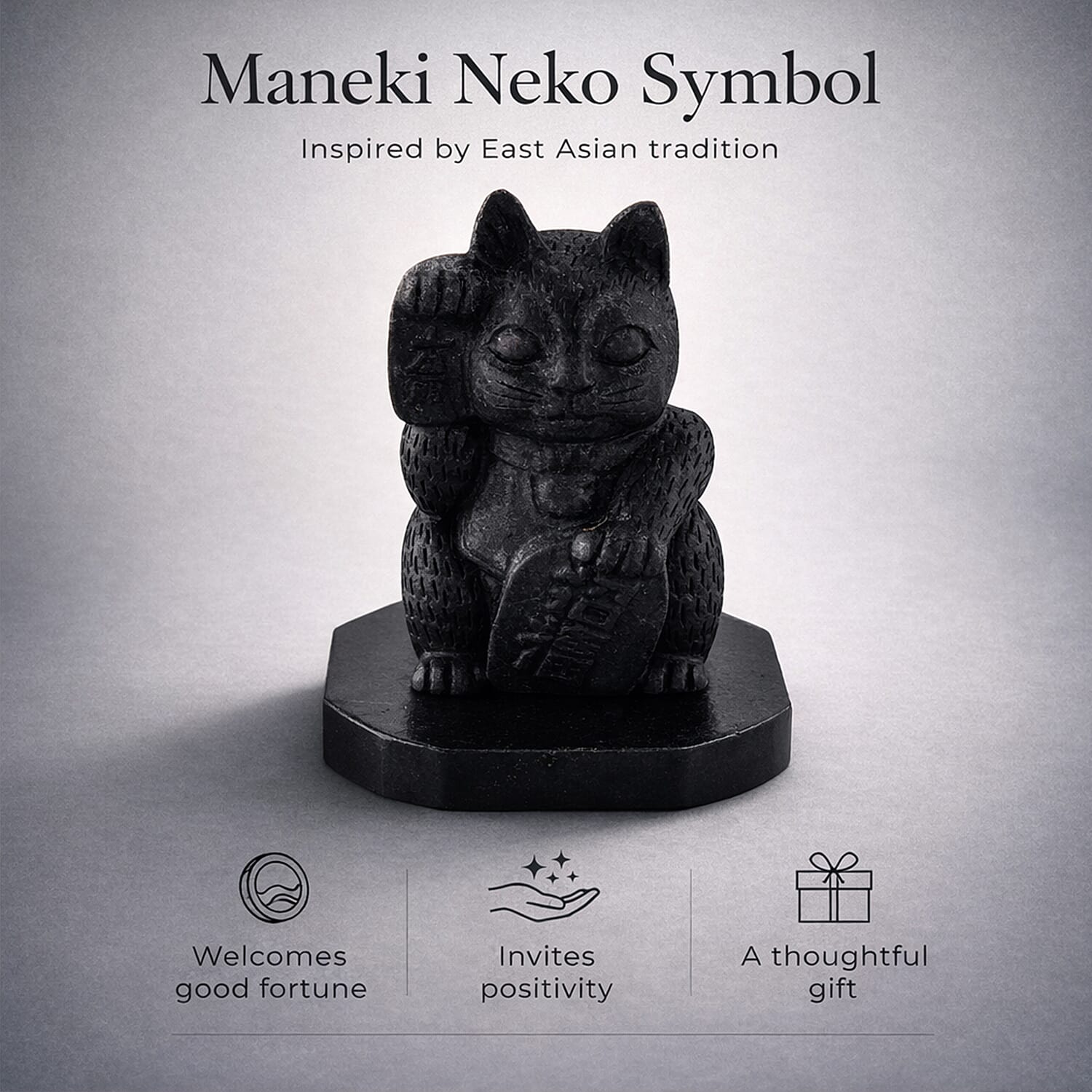 Natural Shungite Maneki Neko Lucky Cat Figurine 920.00 Ct, Natural Shungite Pyramid Presented In a Drawstring Velvet Pouch 213.00 Ct, Natural Shungite, Hematite Bracelet (Stretchable) 80 Ct 221301096 1