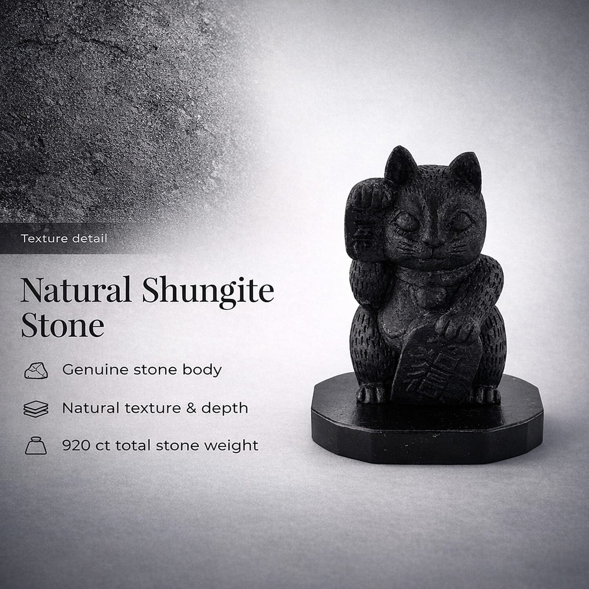 Natural Shungite Maneki Neko Lucky Cat Figurine 920.00 Ct, Natural Shungite Pyramid Presented In a Drawstring Velvet Pouch 213.00 Ct, Natural Shungite, Hematite Bracelet (Stretchable) 80 Ct 221301096 2