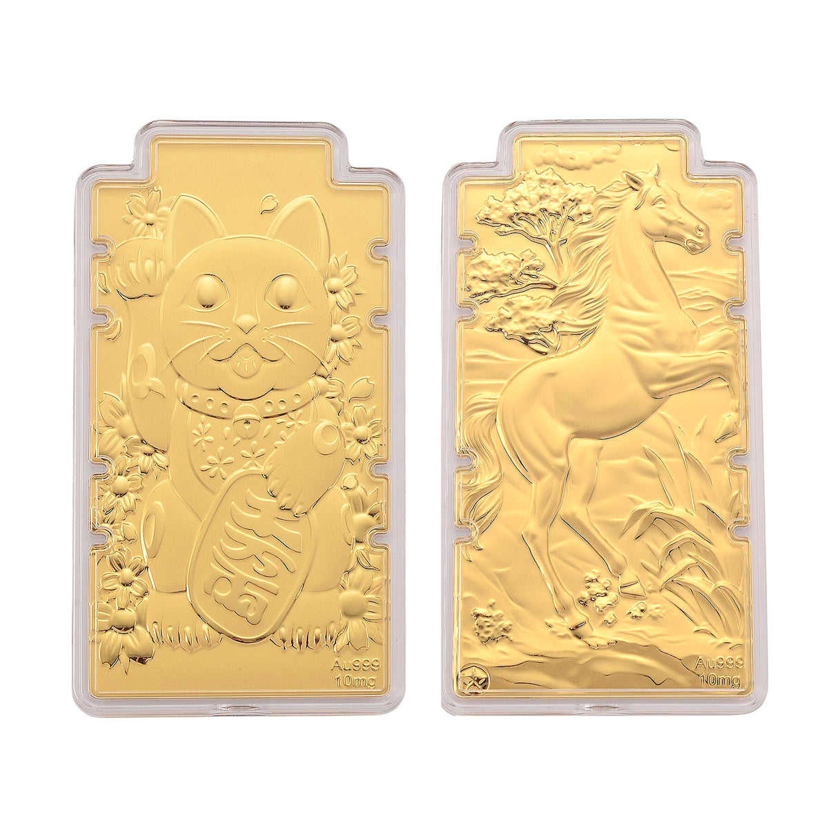Set of 2 - 24K Yellow Gold (99.99% Purity) Embossed Maneki Neko Cat &amp; Horse Pattern Collectables 221301968 0