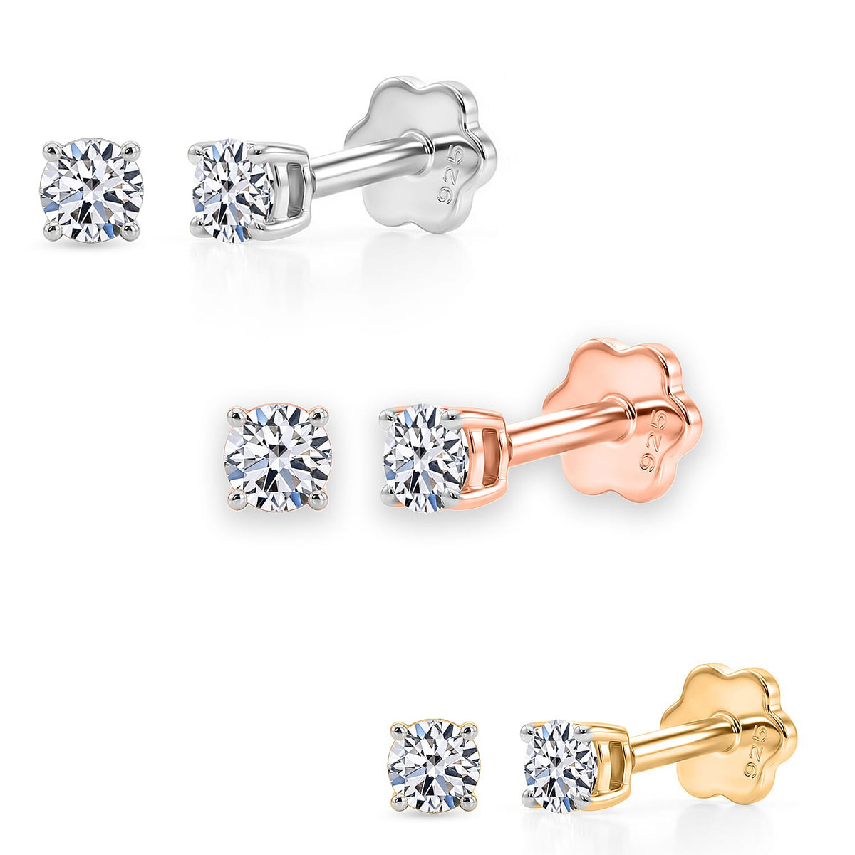 LUXURIANT Set of 3 Lab Grown Diamond Solitaire Earring (0.32 Ct. Each Pair) with Floral Screw Back in 18K Vermeil Yellow Gold, Rose Gold &amp; Rhodium Plated Sterling Silver 221306764 0