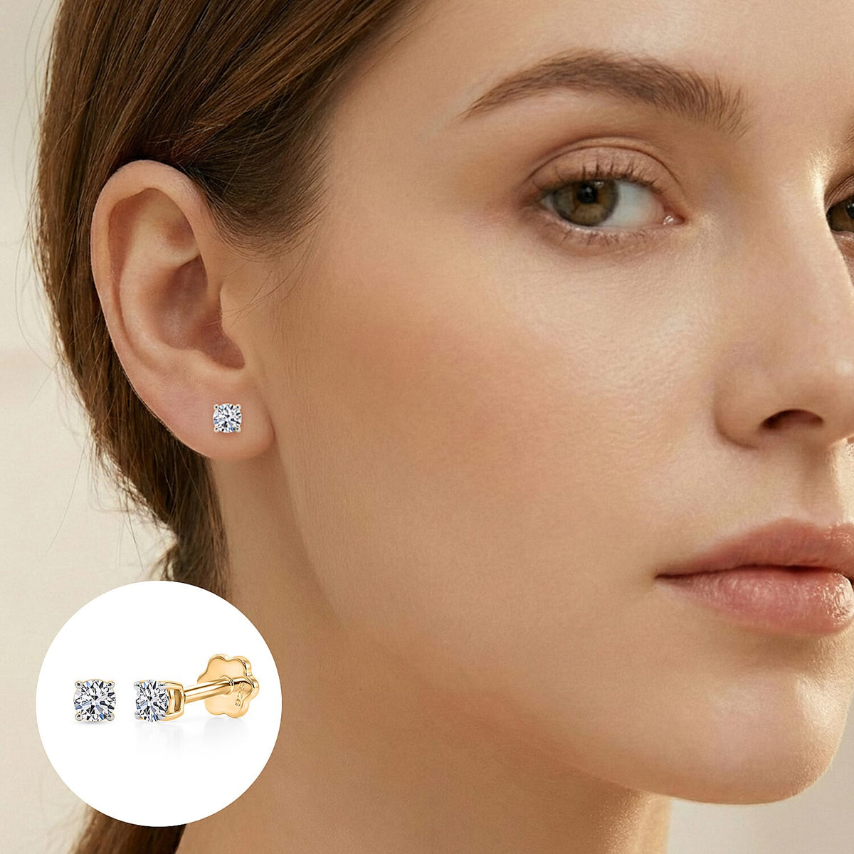 LUXURIANT Set of 3 Lab Grown Diamond Solitaire Earring (0.32 Ct. Each Pair) with Floral Screw Back in 18K Vermeil Yellow Gold, Rose Gold &amp; Rhodium Plated Sterling Silver 221306764 1