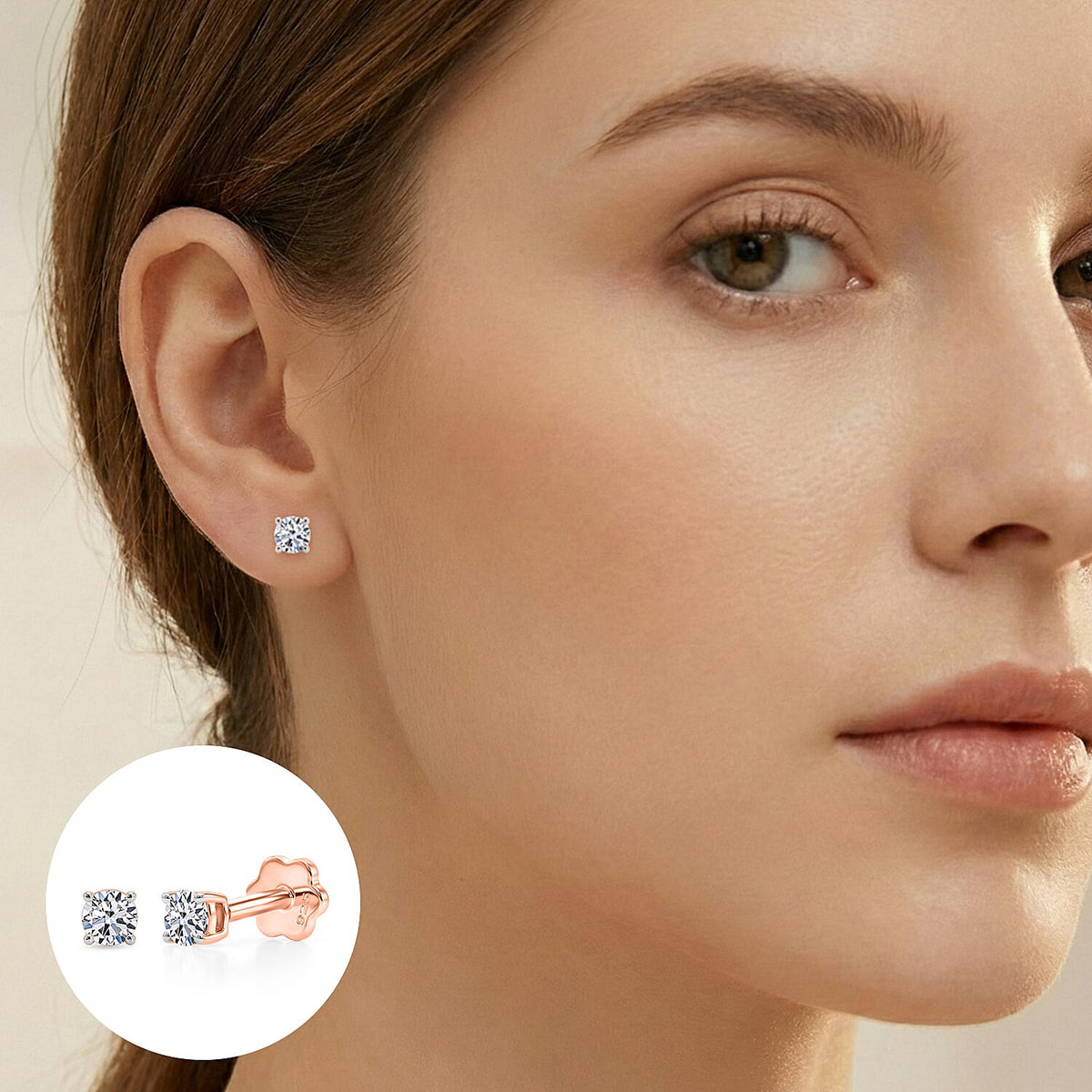 LUXURIANT Set of 3 Lab Grown Diamond Solitaire Earring (0.32 Ct. Each Pair) with Floral Screw Back in 18K Vermeil Yellow Gold, Rose Gold &amp; Rhodium Plated Sterling Silver 221306764 2