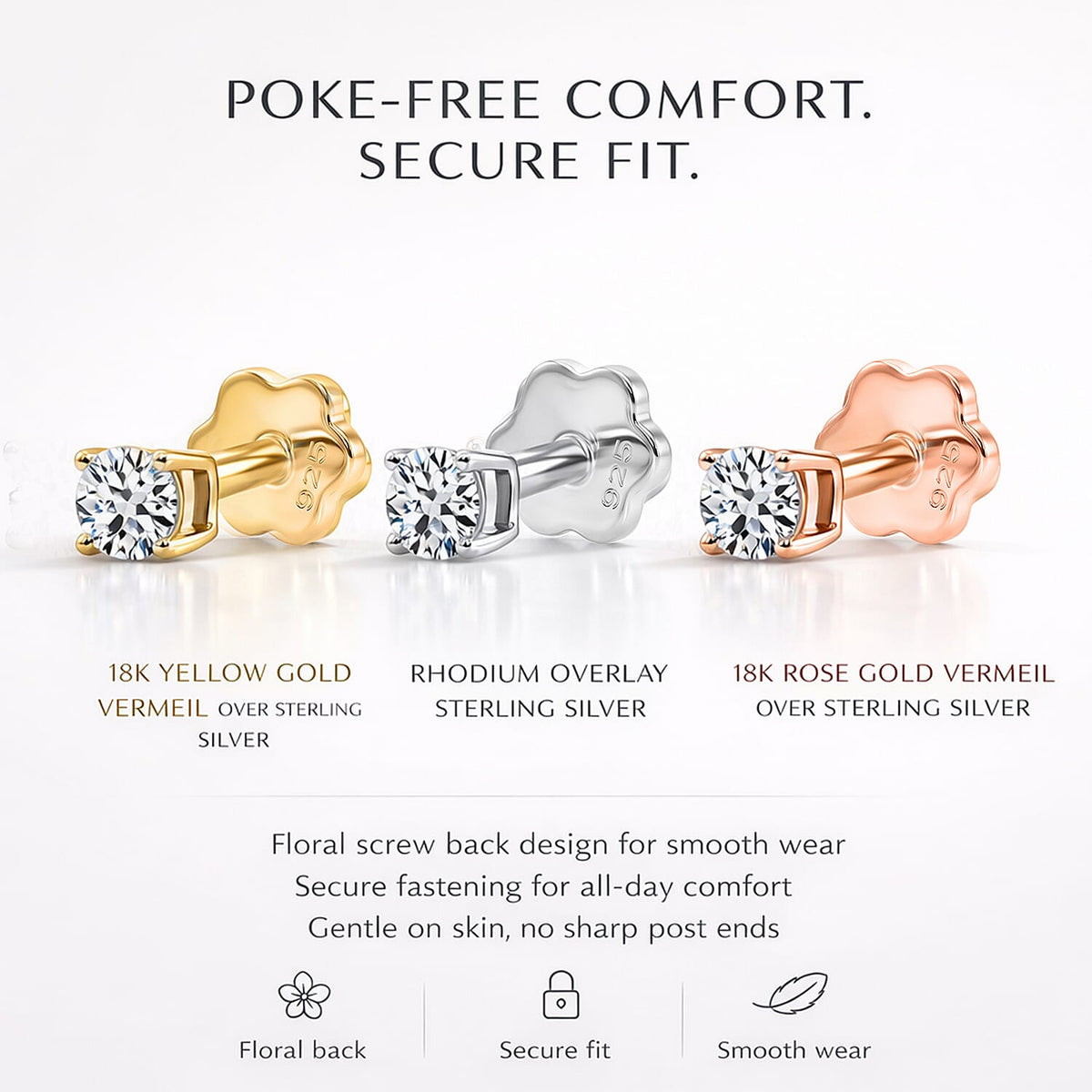 LUXURIANT Set of 3 Lab Grown Diamond Solitaire Earring (0.32 Ct. Each Pair) with Floral Screw Back in 18K Vermeil Yellow Gold, Rose Gold &amp; Rhodium Plated Sterling Silver 221306764 4