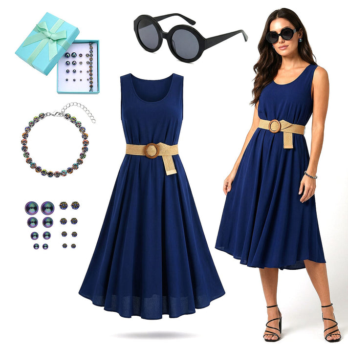 Shop the Look â€“ Navy Dress, Pearl &amp; Crystal Jewellery Set with Black Sunglasses 221309605 1