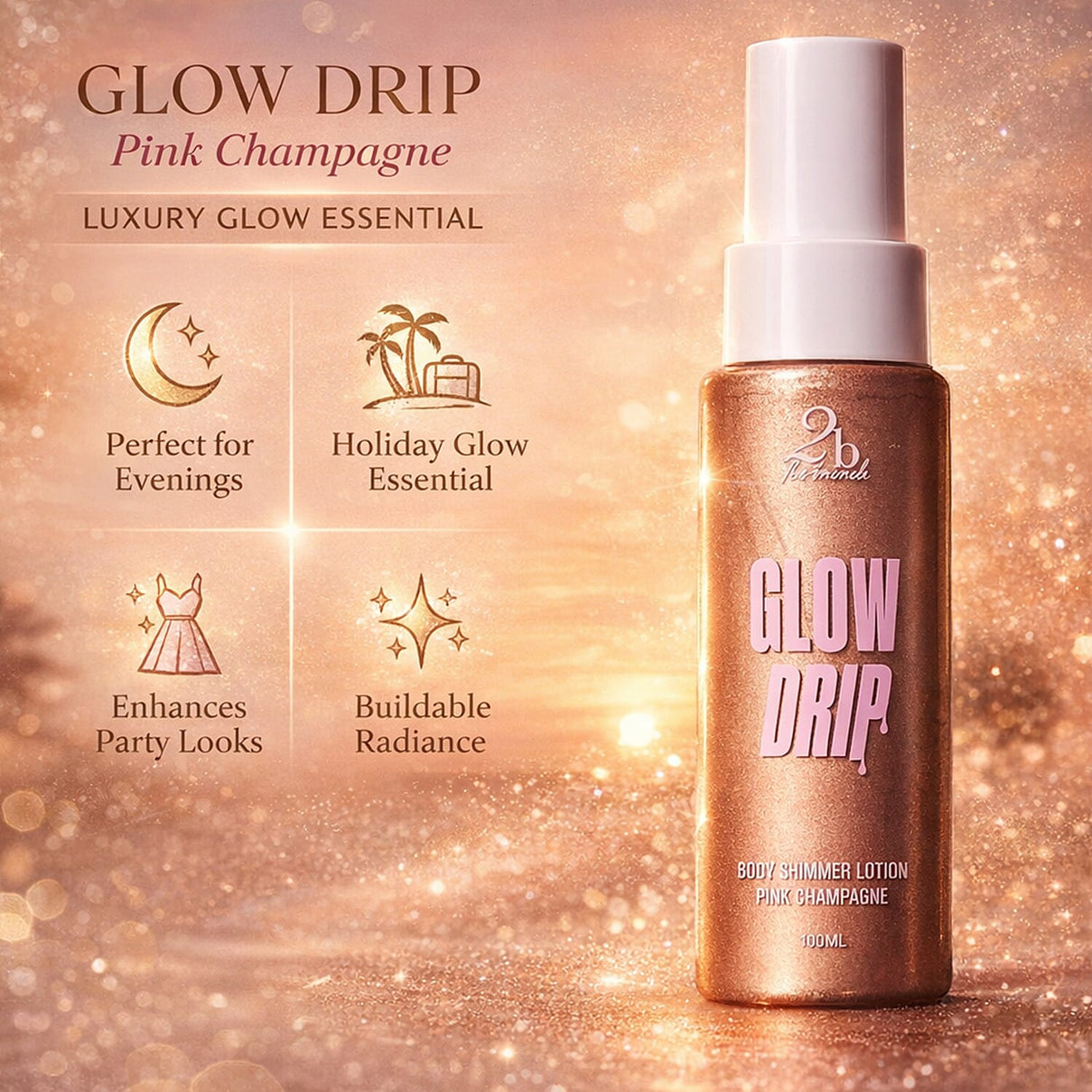 Set of 2 2bTanned Glow Drip â€“ 24K Gold &amp; Pink Champagne (100ml Each) 221309652 5
