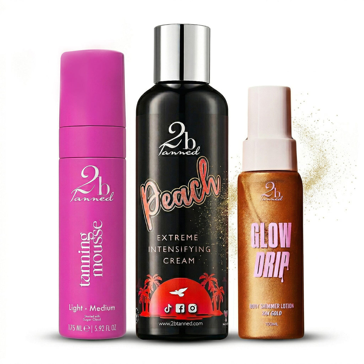 Set of 3 2bTanned â€“ Self Tanning Mousse Light to Medium (175ml), Glow Drip 24K Gold (100ml) &amp; Extreme Intensifying Cream Peach (200ml) 221309657 0