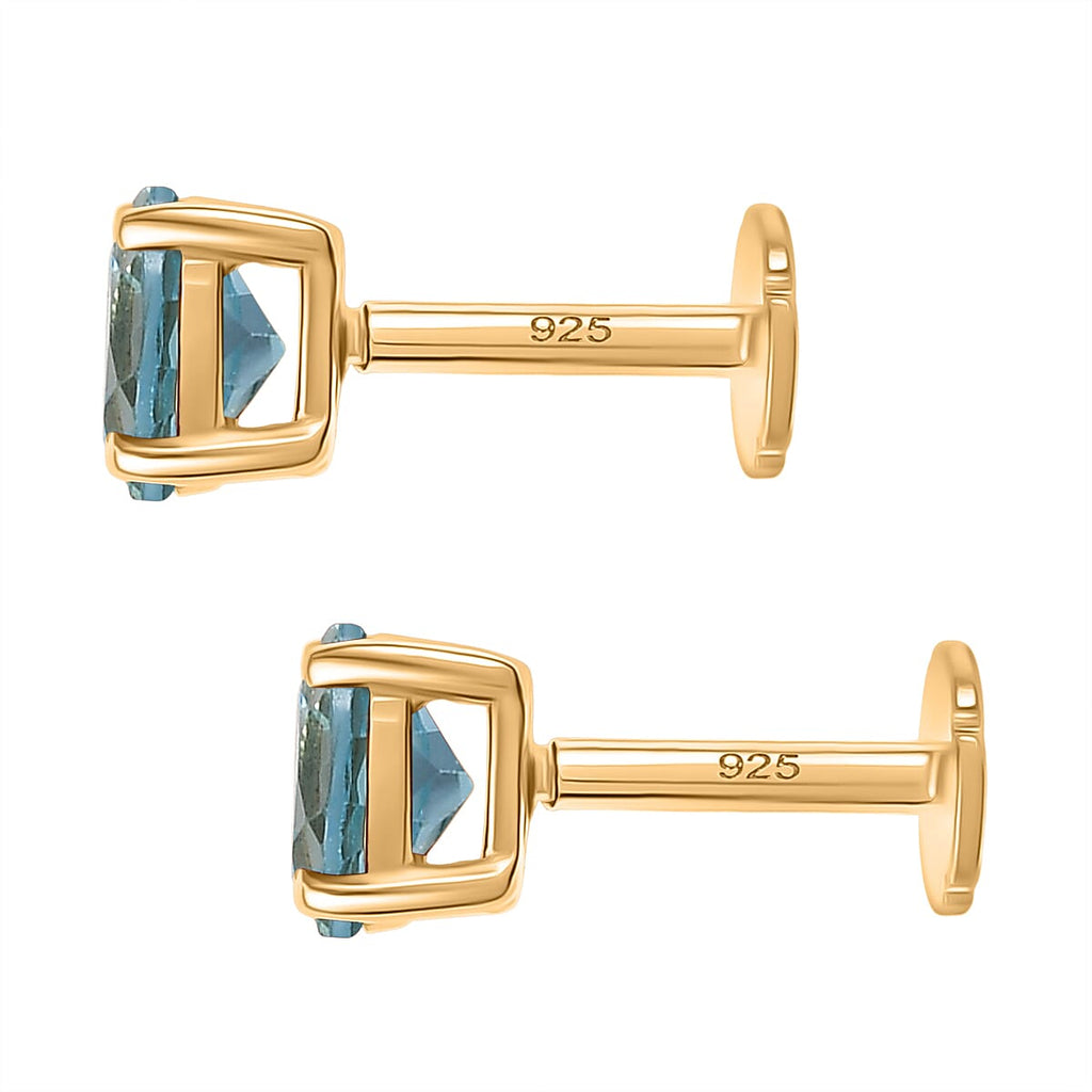 Poke Free Blue Topaz November Birthstone Solitaire Stud Earrings Bundle in 18K Vermeil Yellow Gold Plated & Rhodium Overlay Sterling Silver