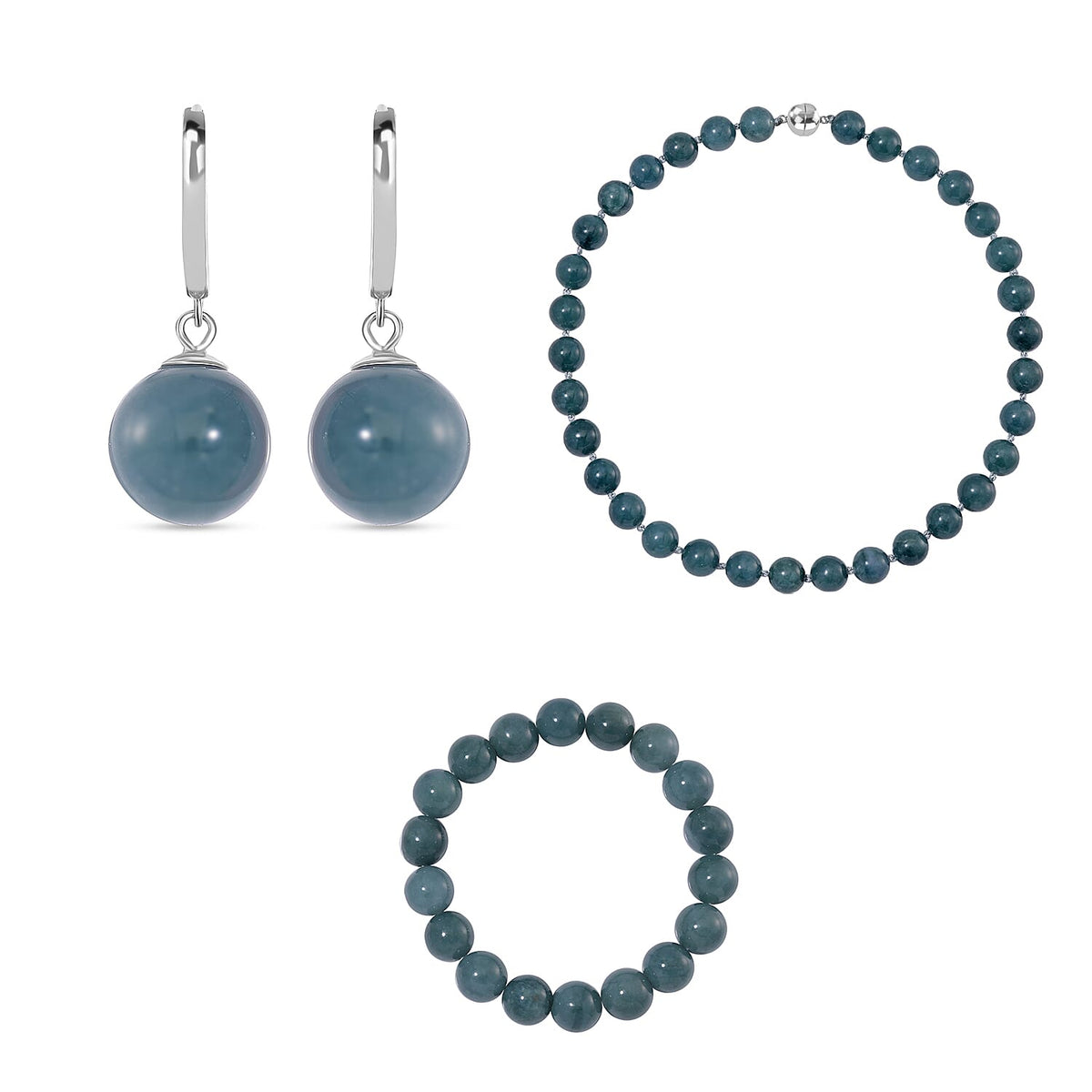 Set of 3 Natural Type A Olmec Jadeite Jade Drop Earrings, Bracelet and Necklace with Magnetic Clasp in Rhodium Overlay Sterling Silver 221312683 0