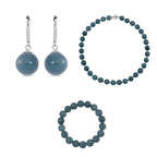 Set of 3 Natural Type A Olmec Jadeite Jade Drop Earrings, Bracelet and Necklace with Magnetic Clasp in Rhodium Overlay Sterling Silver