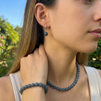 Set of 3 Natural Type A Olmec Jadeite Jade Drop Earrings, Bracelet and Necklace with Magnetic Clasp in Rhodium Overlay Sterling Silver