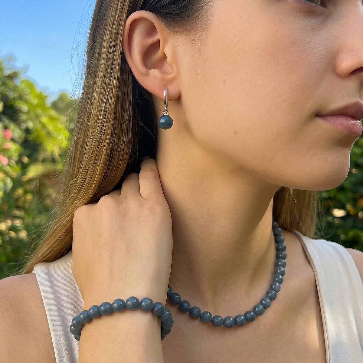 Set of 3 Natural Type A Olmec Jadeite Jade Drop Earrings, Bracelet and Necklace with Magnetic Clasp in Rhodium Overlay Sterling Silver 221312683 4
