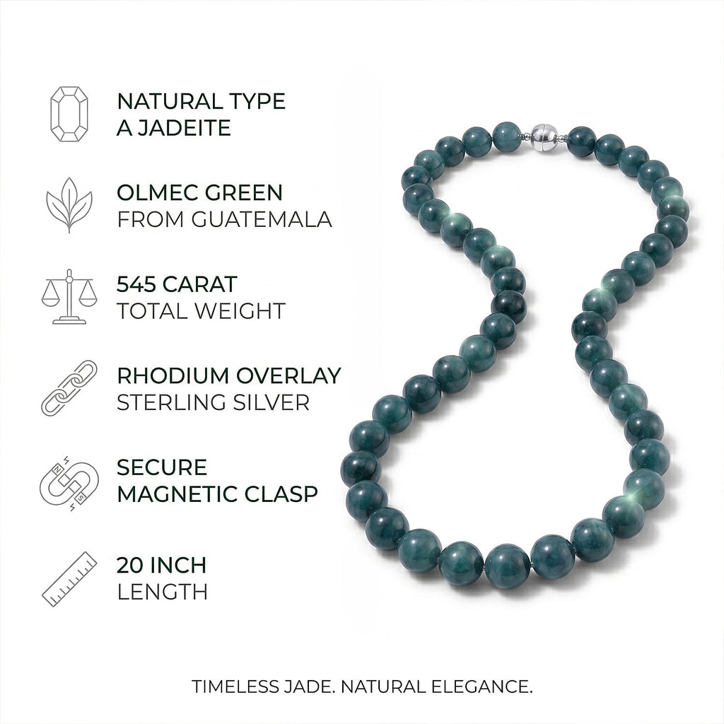 Set of 3 Natural Type A Olmec Jadeite Jade Drop Earrings, Bracelet and Necklace with Magnetic Clasp in Rhodium Overlay Sterling Silver