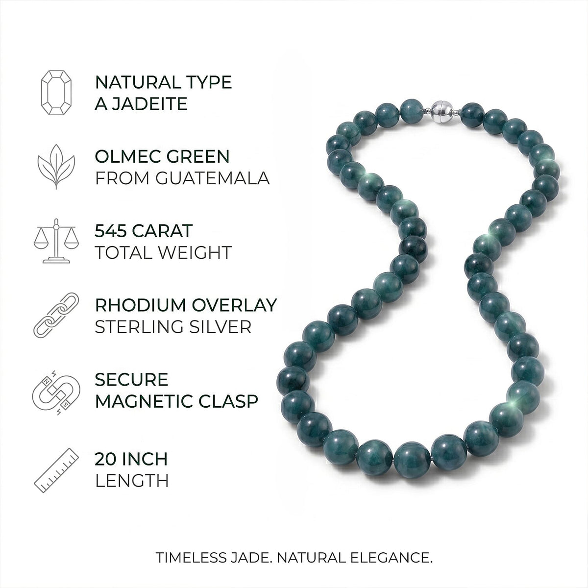 Set of 3 Natural Type A Olmec Jadeite Jade Drop Earrings, Bracelet and Necklace with Magnetic Clasp in Rhodium Overlay Sterling Silver 221312683 5