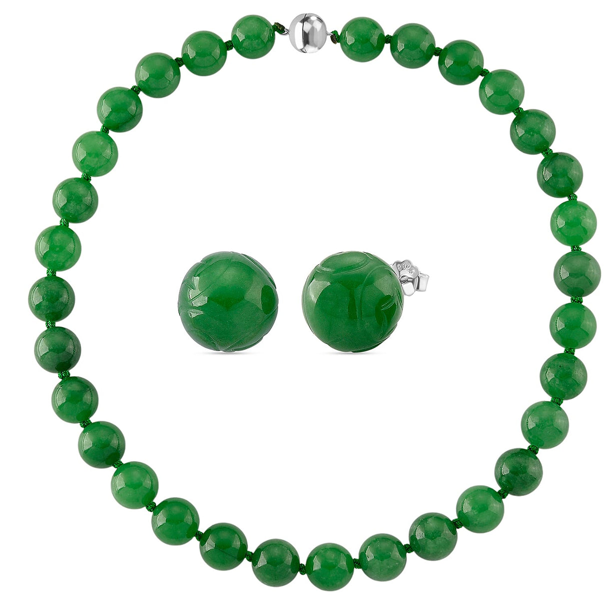 Set of 3 D'Joy Enhanced Green Jade Beads Stud Earring, Hoop Earring and Hand Knotted Beads Necklace (Size - 20) with Magnetic Clasp in Rhodium Overlay Sterling Silver 221312693 0