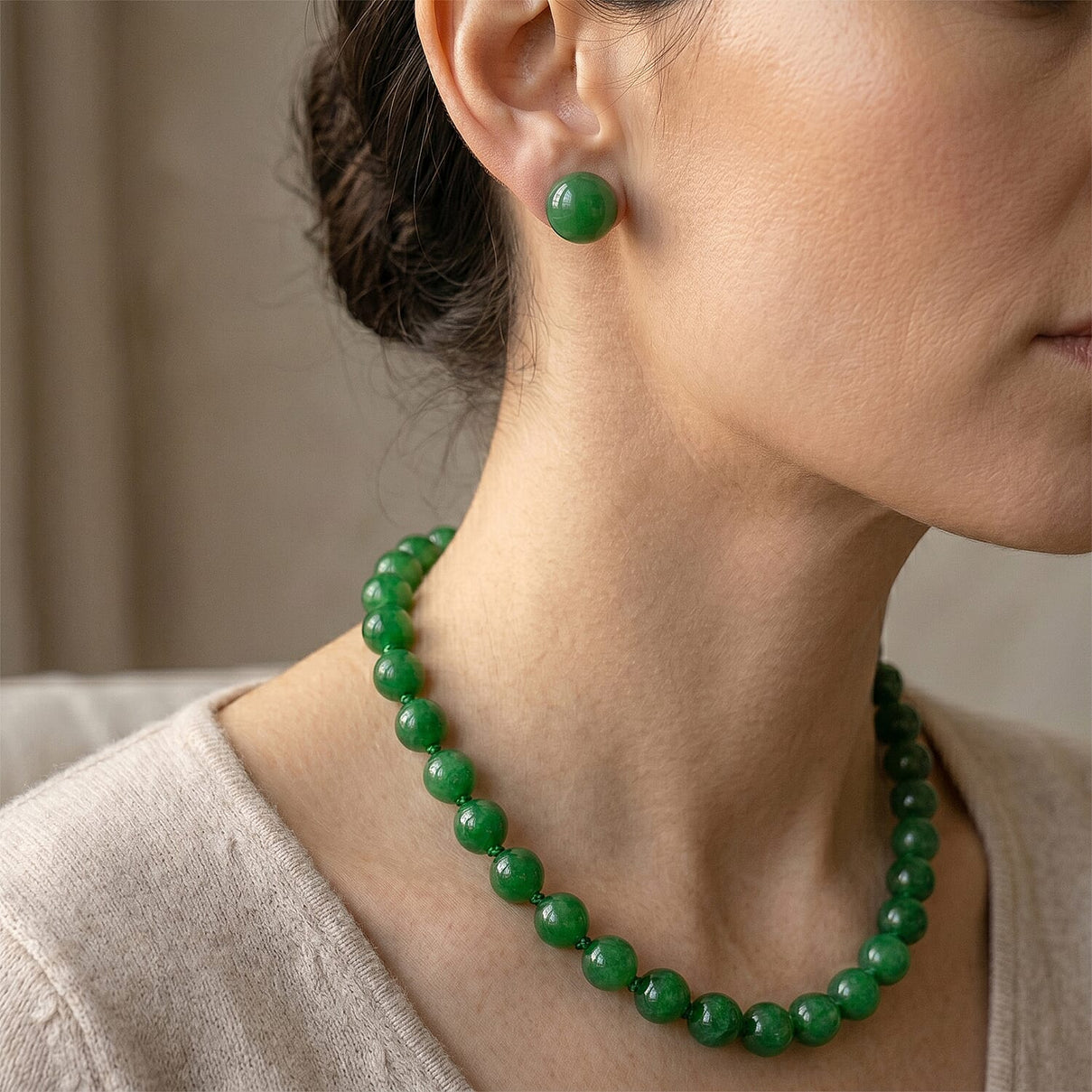 Set of 3 D'Joy Enhanced Green Jade Beads Stud Earring, Hoop Earring and Hand Knotted Beads Necklace (Size - 20) with Magnetic Clasp in Rhodium Overlay Sterling Silver 221312693 1