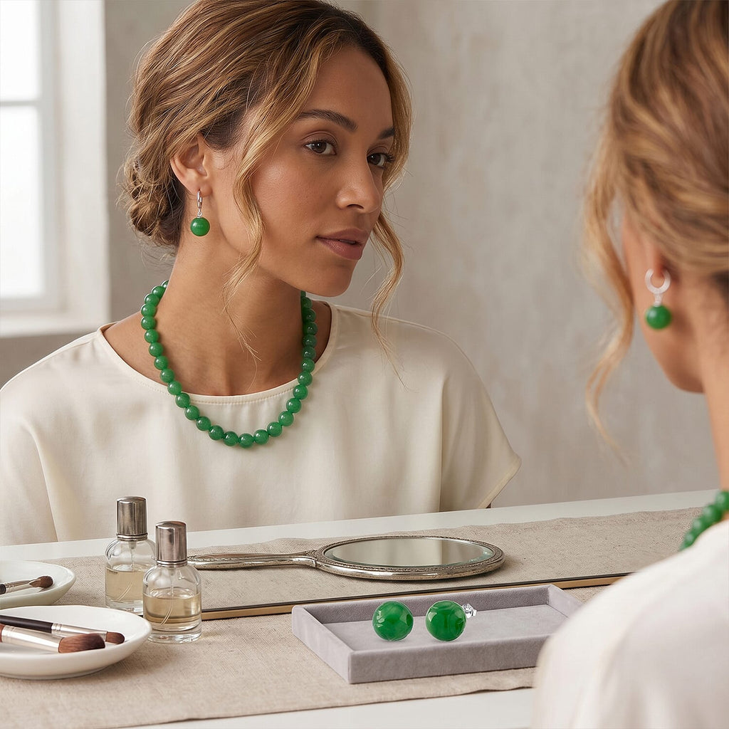 Set of 3 D'Joy Enhanced Green Jade Beads Stud Earring, Hoop Earring and Hand Knotted Beads Necklace (Size - 20) with Magnetic Clasp in Rhodium Overlay Sterling Silver