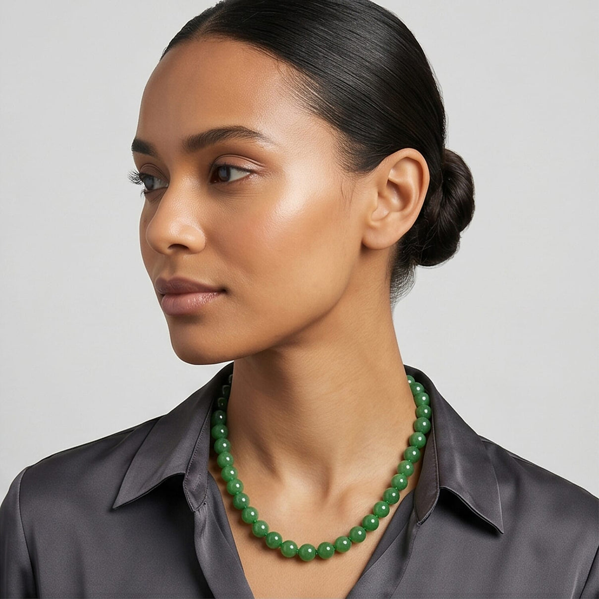 Set of 3 D'Joy Enhanced Green Jade Beads Stud Earring, Hoop Earring and Hand Knotted Beads Necklace (Size - 20) with Magnetic Clasp in Rhodium Overlay Sterling Silver 221312693 3