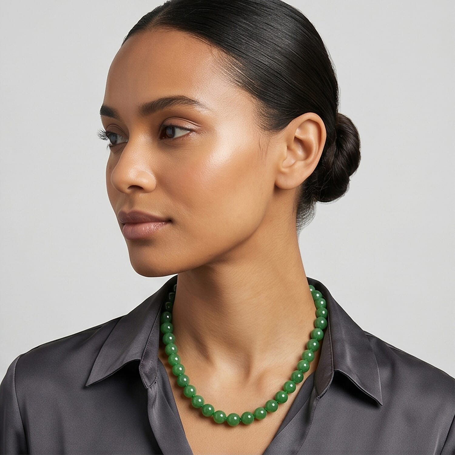 Set of 3 D'Joy Enhanced Green Jade Beads Stud Earring, Hoop Earring and Hand Knotted Beads Necklace (Size - 20) with Magnetic Clasp in Rhodium Overlay Sterling Silver 221312693 3